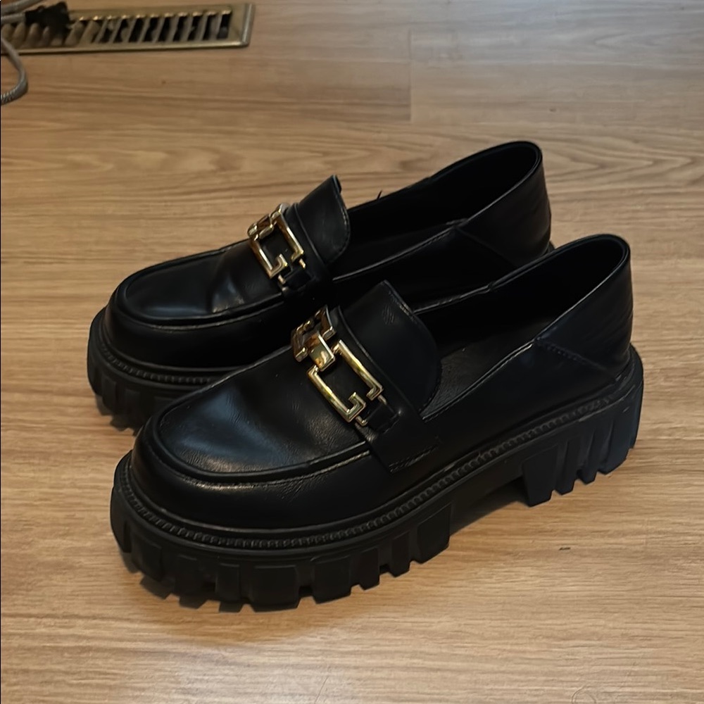 Black Chunky Loafers with Gold Buckle